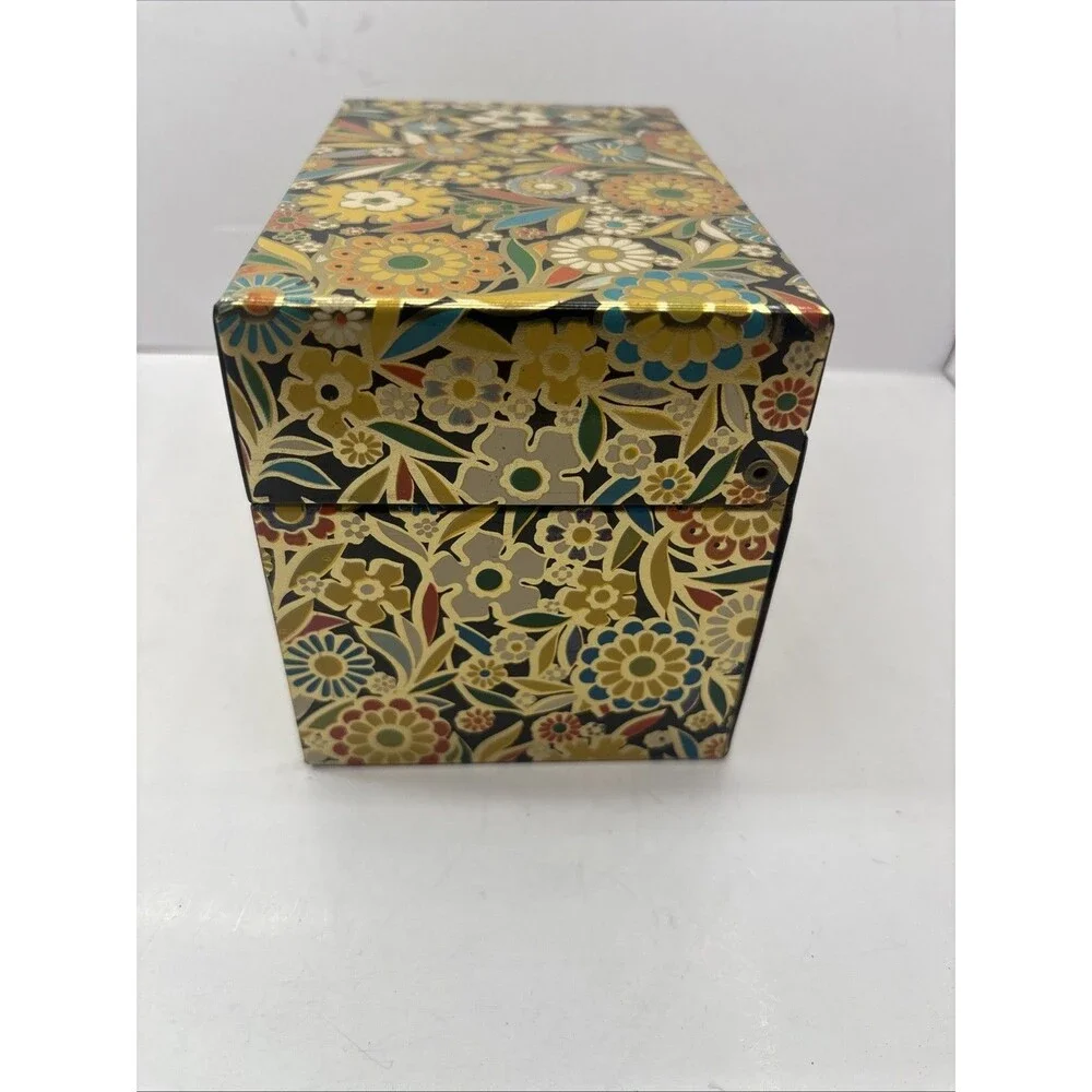 Vintage J. Chein & Co. 1970s Tin Recipe Box Gold Mod Floral Litho USA